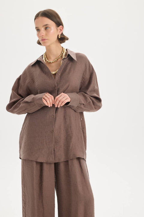 Koszula oversize Yovena z detalem guzików brown