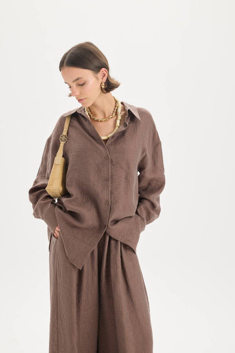 Koszula oversize Yovena z detalem guzików brown