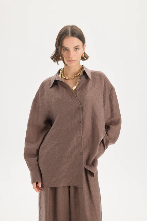 Koszula oversize Yovena z detalem guzików brown