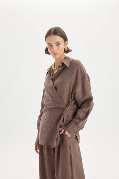 Koszula oversize Yovena z detalem guzików brown